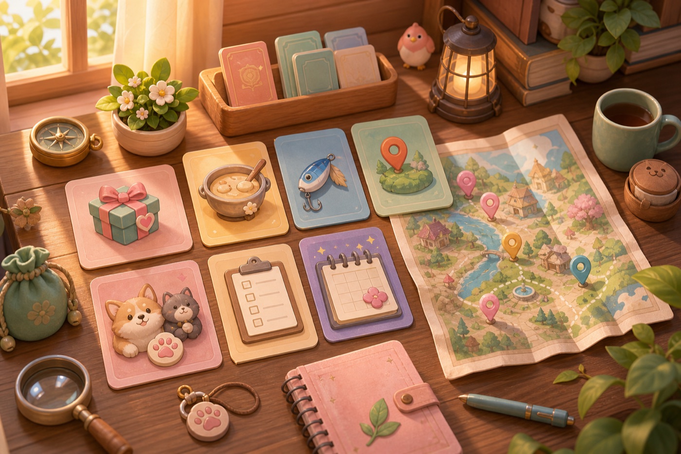 Original cozy guide desk scene with map pins, recipe card, fishing lure, gift card, pet charm, and checklist